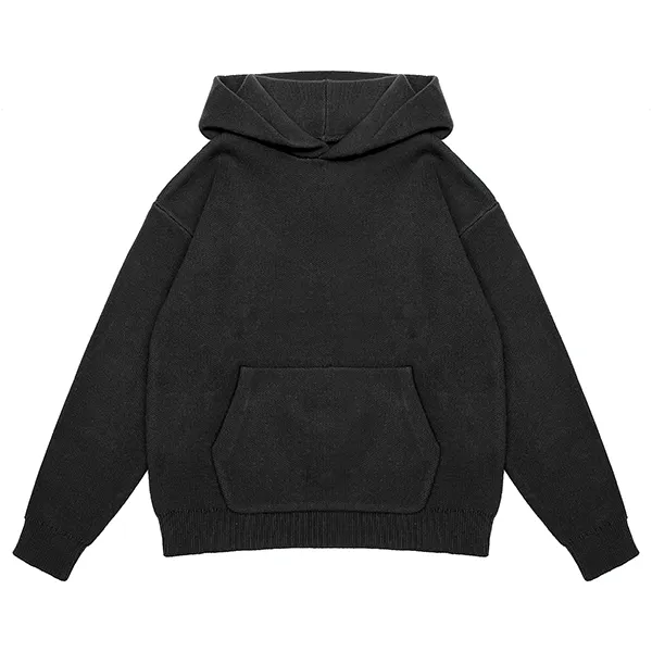 black knitted hoodie pullover sweater with kangaroo pocket