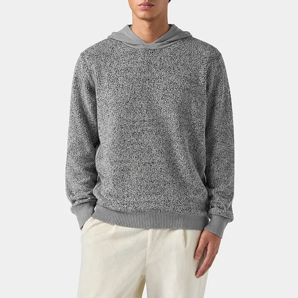 melange knit hooded pullover sweater with side slits model showcase