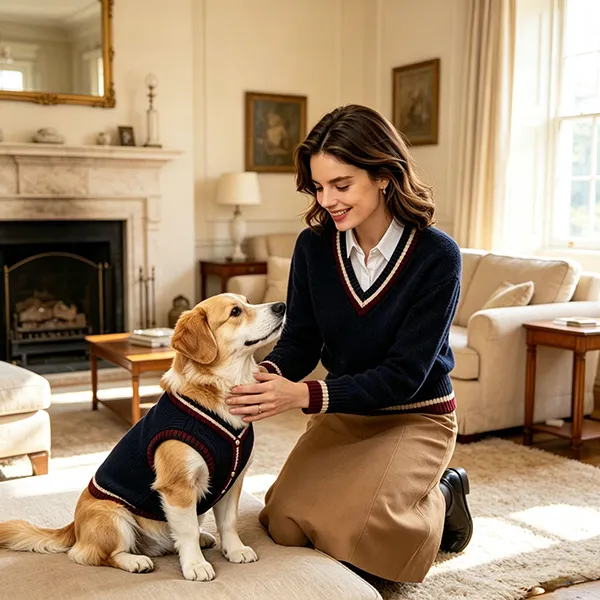 matching v-neck knit pullover and pet sweater indoor scene