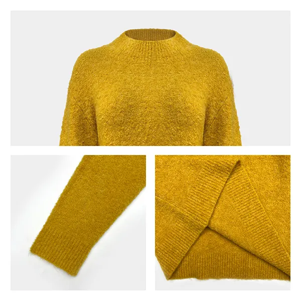 textured boucle knit mock neck pullover sweater relaxed fit knitting details