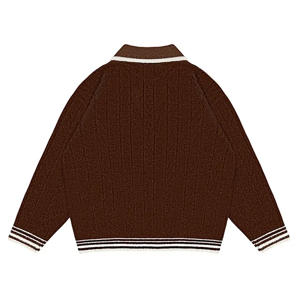 cable knit polo sweater with contrast tipped collar back