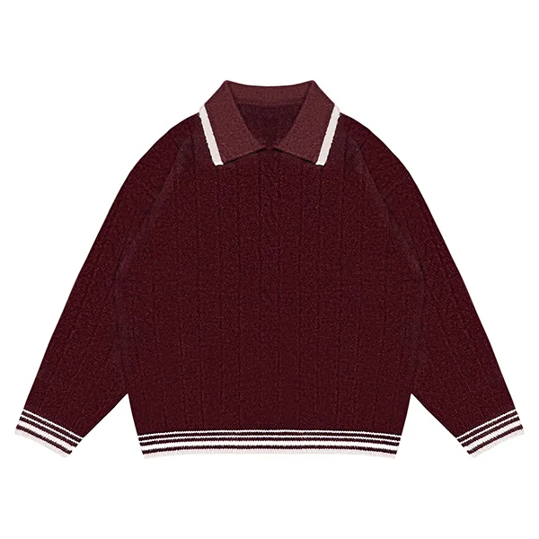 red cable knit polo sweater with contrast tipped collar