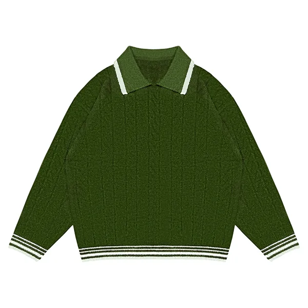 green cable knit polo sweater with contrast tipped collar