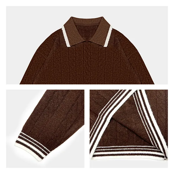 cable knit polo sweater with contrast tipped collar knitting details
