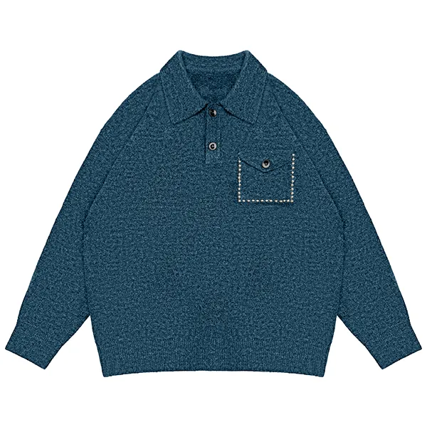 blue textured boucle knit polo sweater with flap pocket