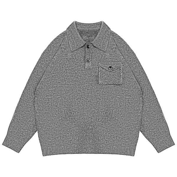 light grey textured boucle knit polo sweater with flap pocket