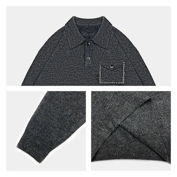 textured boucle knit polo sweater with flap pocket knitting details