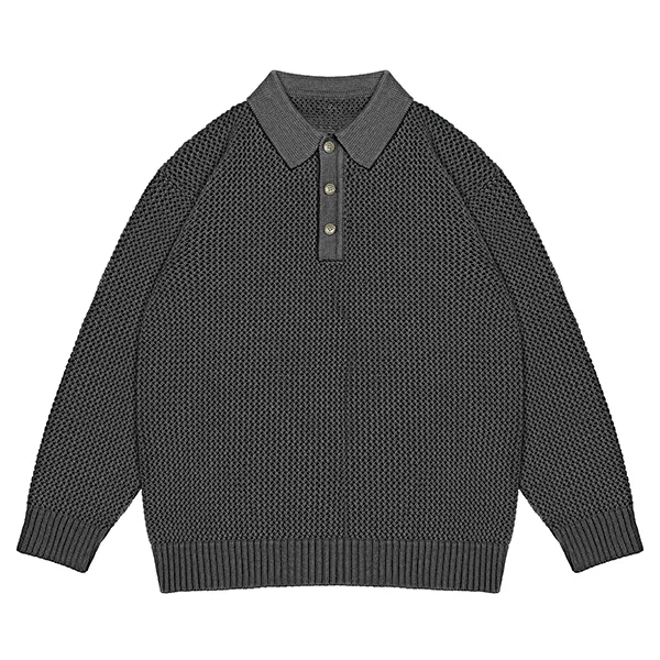grey open stitch mesh polo sweater with button placket