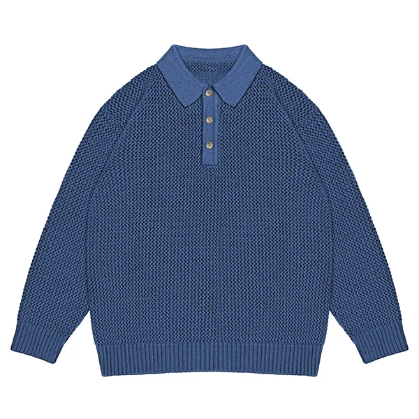 blue open stitch mesh polo sweater with button placket