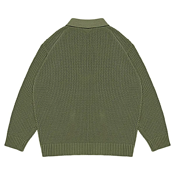 open stitch mesh polo sweater with button placket back