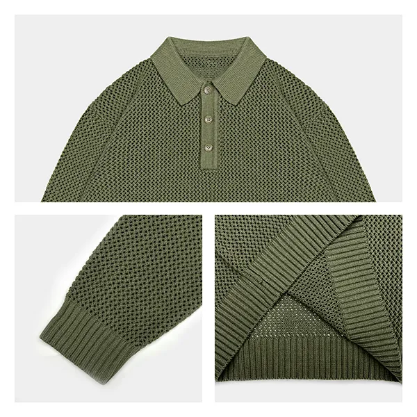 open stitch mesh polo sweater with button placket knitting details