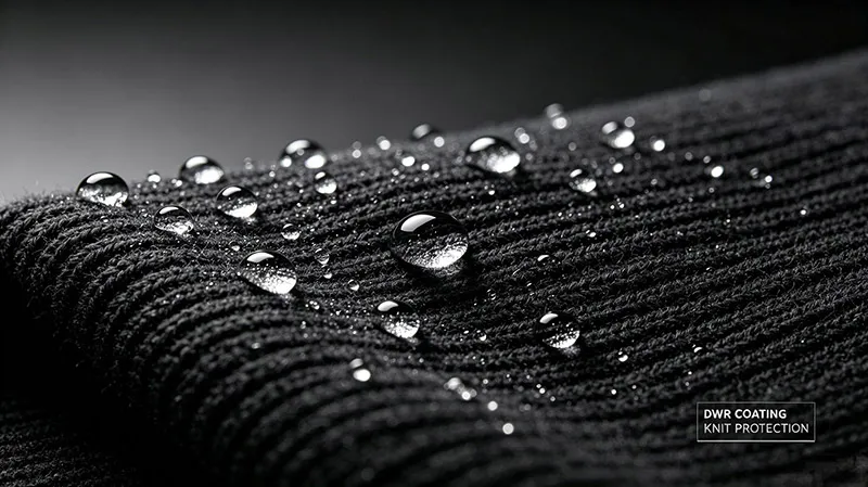 PFAS-free DWR water repellent treatment on outdoor wool sweater panel