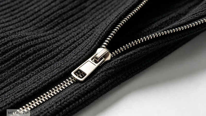 REACH compliant natural horn buttons and metal zippers on custom cardigan sweater