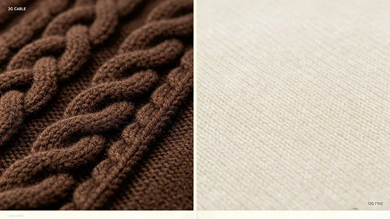 Comparative texture of 3G chunky cable knit and 12G fine-gauge sweater panels controlled for ISO shrinkage