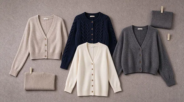 Custom women's knit cardigans collection featuring V-neck, crewneck, and cable knit styles for private label manufacturing
