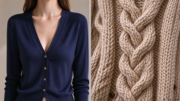 Comparison of fine gauge V-neck cardigan and chunky cable knit cardigan textures for wholesale women's sweaters