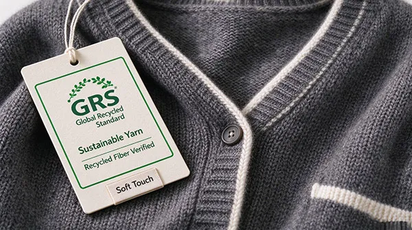 Close-up of premium merino wool fabric and GRS certified sustainable yarn tag on an OEM custom knit cardigan.