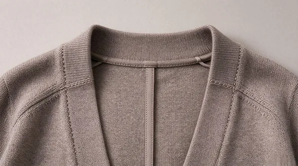 High-quality custom cardigan interior showing hand-linked neckline and Mobilon tape shoulder reinforcement for shape retention.