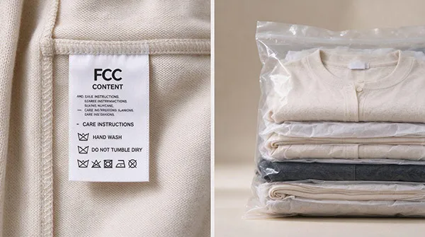 Compliant FTC care label and accurate fiber content tag sewn into a private label women's sweater ready for bulk delivery