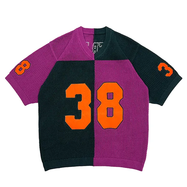 purple colorblocked number graphic mesh knit jersey top