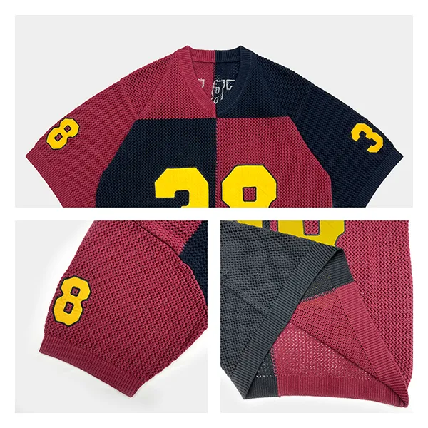 colorblocked number graphic mesh knit jersey top knitting details