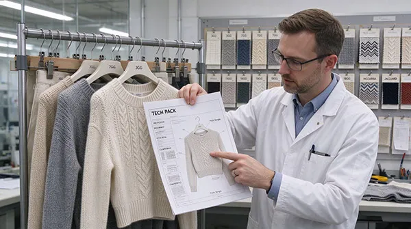 Knitwear engineering team evaluating brand Tech Pack for sample development
