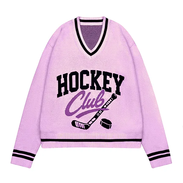 pink varsity intarsia graphic v-neck sweater with striped trim