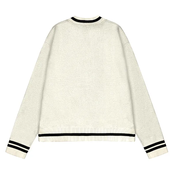 varsity intarsia graphic v-neck sweater with striped trim back