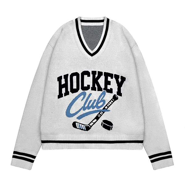 grey varsity intarsia graphic v-neck sweater with striped trim