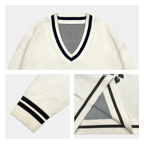 varsity intarsia graphic v-neck sweater with striped trim knitting details
