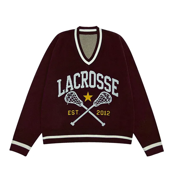 red lacrosse intarsia graphic v-neck sweater with striped trim