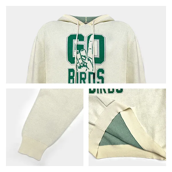 varsity graphic knit hooded sweater with kangaroo pocket knitting details