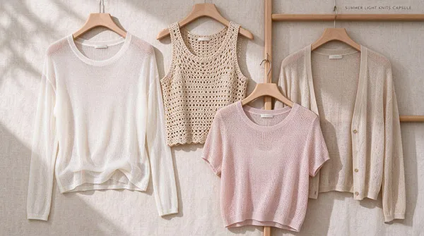 Summer lightweight knitwear capsule collection displaying sheer tops, crochet tanks, and cardigans on hangers