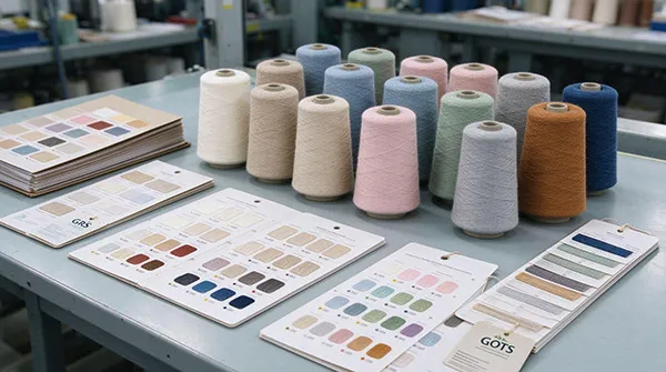 Mill-stock yarn cones and color card swatches with GRS and GOTS certified eco-friendly yarn tags