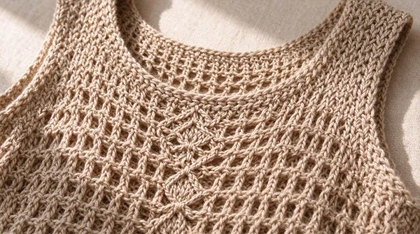 Macro close-up texture of 3G-7G automated flat-knitted crochet-inspired openwork mesh fabric