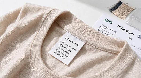 FTC compliant garment care label with Tencel linen composition and GRS GOTS Transaction Certificate