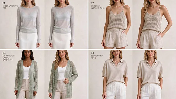 4-grid summer knitwear collection lookbook showcasing sheer top, crochet tank, mesh cardigan, and slouchy polo