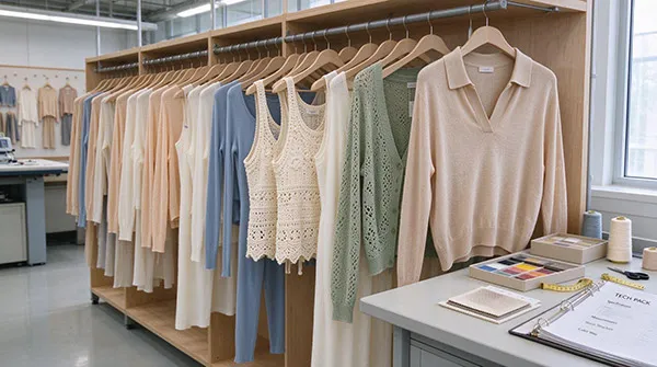 B2B knitwear factory sample room racks with tech pack specification binder and yarn swatches
