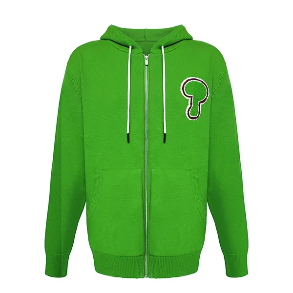 green chenille patch zip up knit hooded sweater with pockets