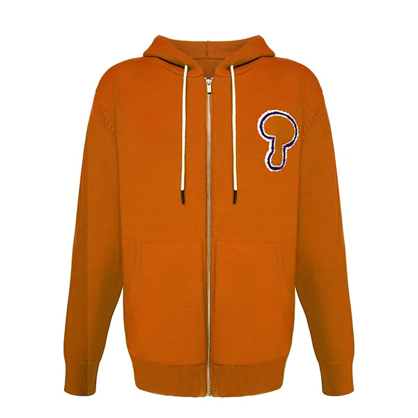 orange chenille patch zip up knit hooded sweater with pockets