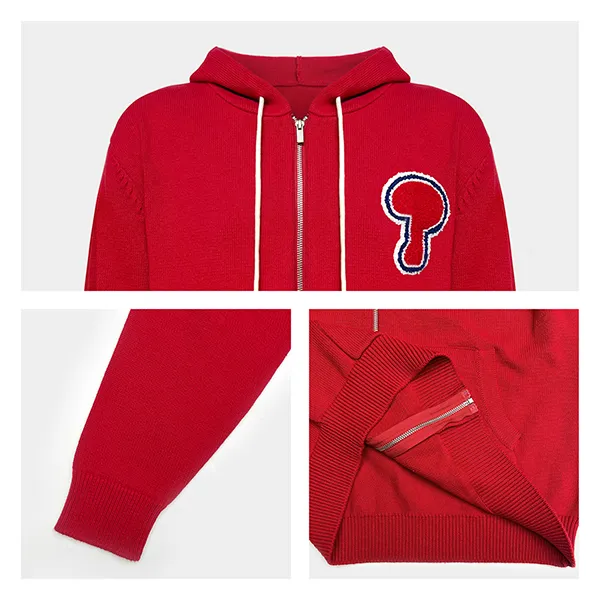 chenille patch zip up knit hooded sweater with pockets knitting details