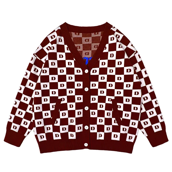 red checkerboard jacquard knit v-neck cardigan with pockets