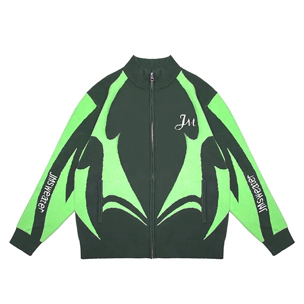 graphic jacquard full-zip knit jacket streetwear cardigan green