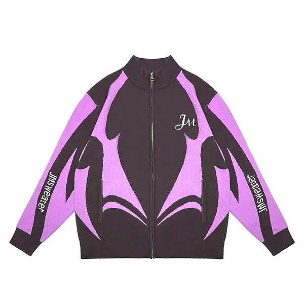 graphic jacquard full-zip knit jacket streetwear cardigan purple