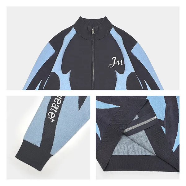 graphic jacquard full-zip knit jacket streetwear cardigan knitting details