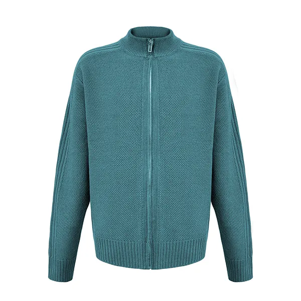 textured full-zip knit jacket stand-collar cardigan cyan