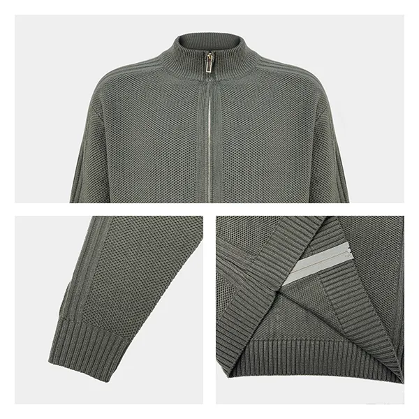 textured full-zip knit jacket stand-collar cardigan knitting details