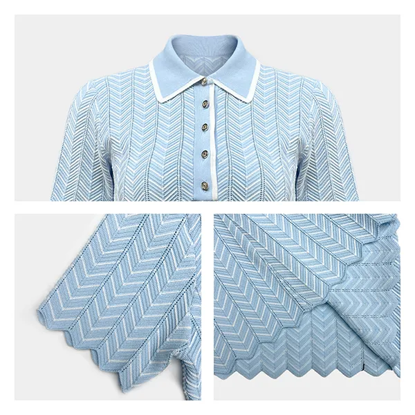 chevron pattern short-sleeve knit polo shirt top knitting details