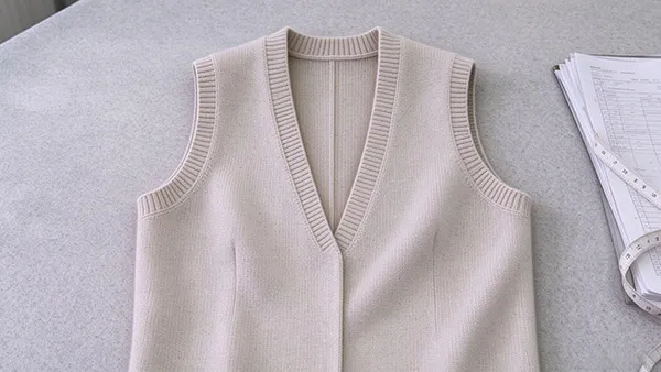Premium custom women's sleeveless knit vest laid flat showcasing precise V-neck and armhole geometry