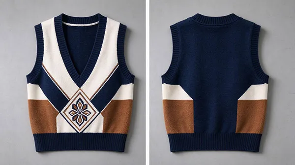 Inside and outside view of a women's intarsia knit vest demonstrating flat color blocking without floating yarns